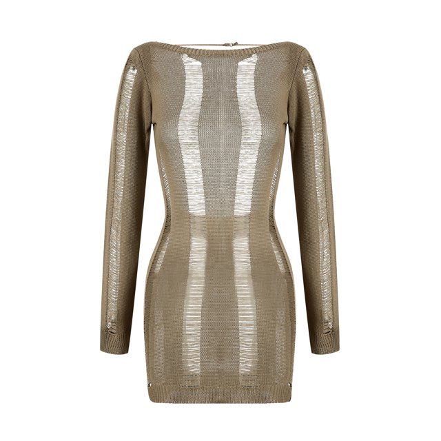 Robe Mini Ajourée pour Femmes à Manches Longues, Col Rond, Moulante, en Maille, Courte, Portefeuille, Dos Nu, Tenue de Boîte de Nuit