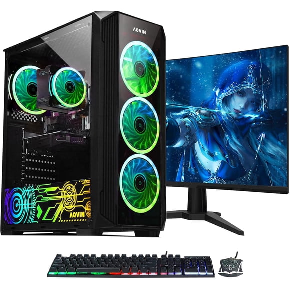Gaming PC Desktop - Intel Core i7 Processor 16GB RAM, 512GB SSD, AMD RX 550 4GB GDDR5 HDMI , 24-inch Curved Gaming Monitor Windows 11 Pro WiFi Refurbished