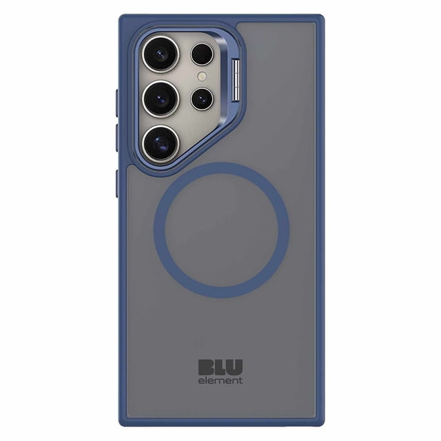 Blu Element Chromatic Kick Compatible w/Magnets Case Navy for Samsung Galaxy S25 Ultra with a slim navy blue frame and semi-transparent acrylic back, featuring a circular magnetic ring for MagSafe, built-in kickstand, reinforced camera protection, and Blu Element logo at the bottom center.