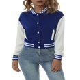 thumbnail image 2 of CenturyX Women Long Sleeve Cropped Baseball Jacket Color Block Button Down Front Open Fashion Bomber Jacket Coat Purple M, 2 of 7