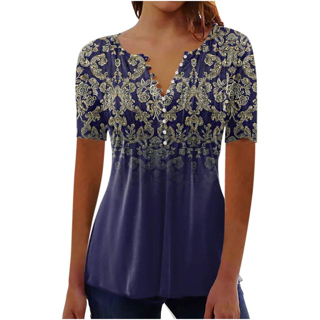 CEHVOM Femmes Mode Décontractée Imprimé Col Rond Ample Manches Courtes T-shirt Haut Blouse Chandail Liquidation