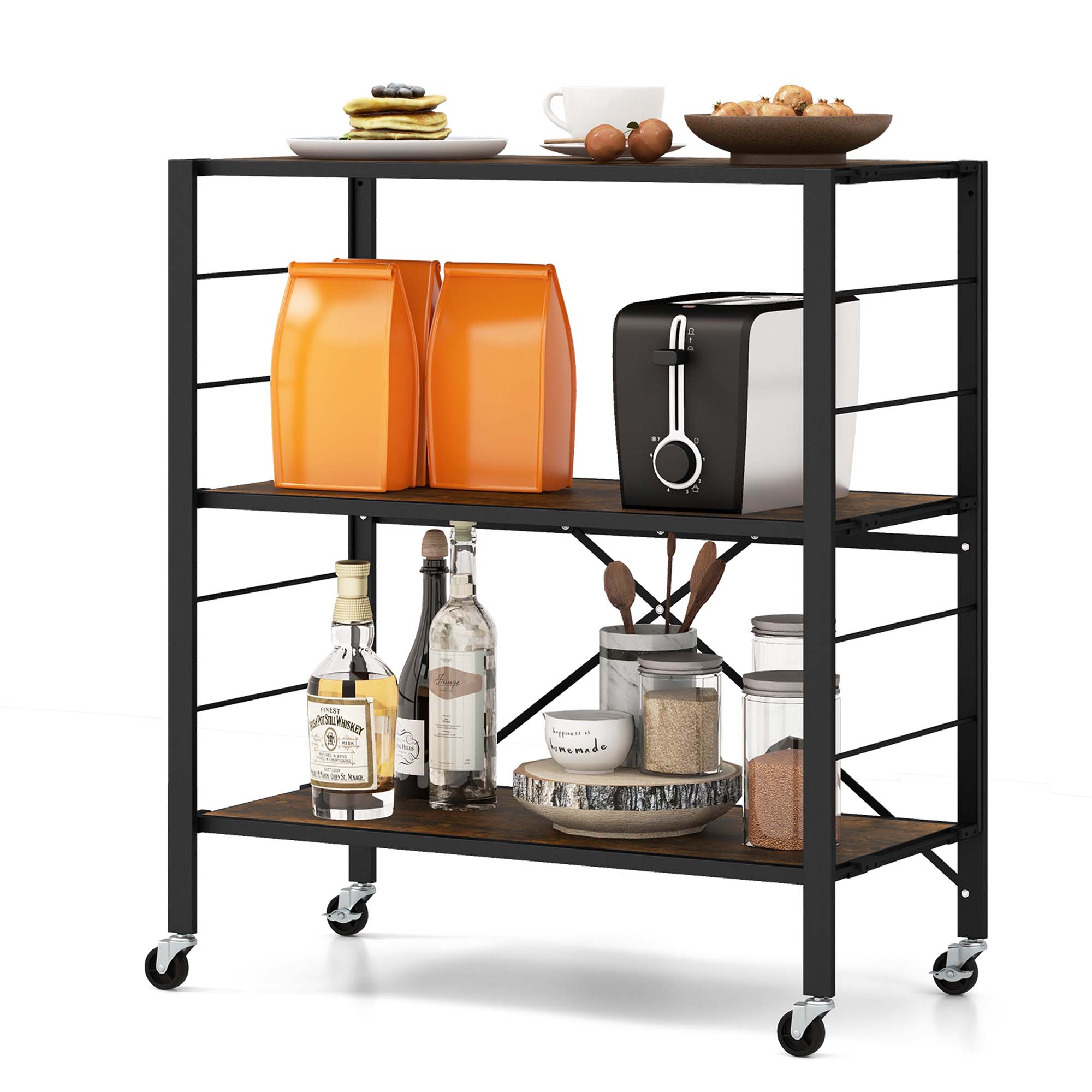 Costway Unité d'Étagères Pliantes à 3 Niveaux Design DIY avec 4 Roues Universelles Cuisine Noir