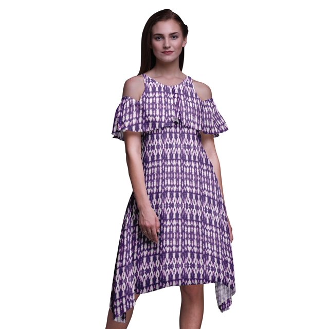 Bimba Purple Tie-Dye Printed Womens Ruffle Front Cold Shoulder Swing Shift Dress - Medium