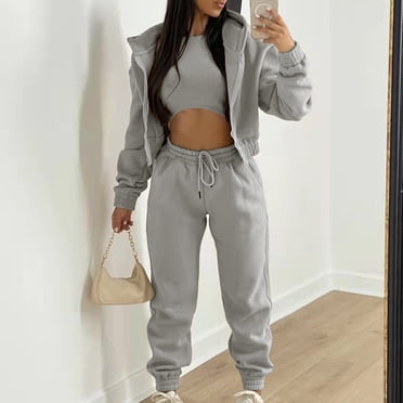 Wiyuqeen 3 Piece Sweatsuits for Women Zip Up Hoodie Sweatshirt Crop Tank Top Jogger Sweatpants Sets Plain Loose Fit Outfits Tracksuits