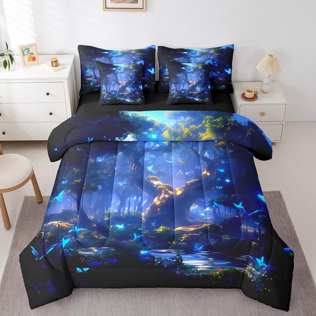 YST Magical Jungle 7-Piece Neon Butterfly Comforter Set, King Size, Wildlife Theme, Blue, Glowing Gradient