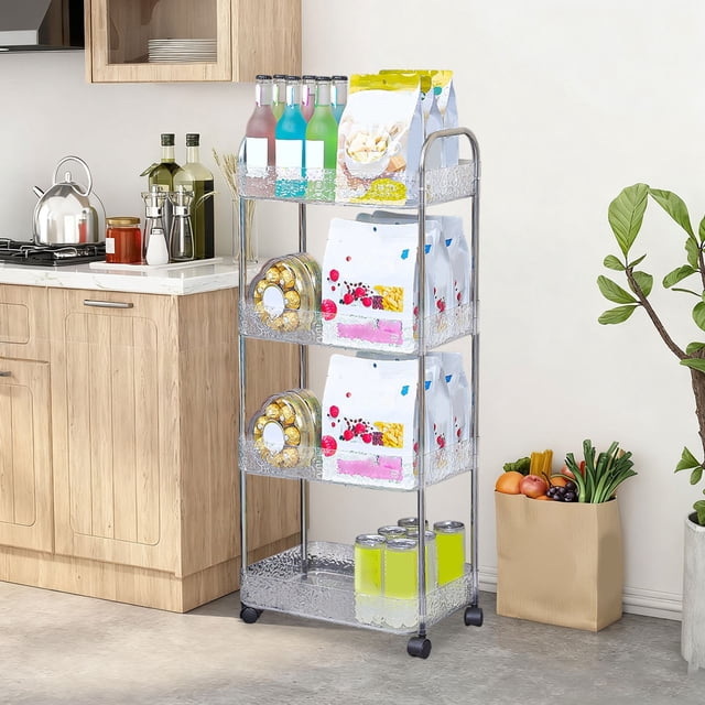 Four-Tier Floor Storage Rack, Multi-Layer Transparent Cabinet on Wheels, for Kitchen, Bathroom, and Living Room, Durable and Versatile Organizer