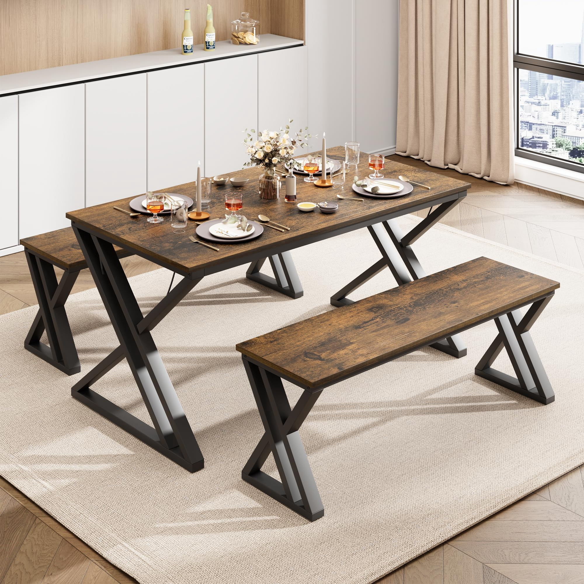GloryStar 44.8" Kitchen Dining Table Set with Benches, Space-Saving Sturdy Metal Table with X Frame, Perfect for Apartment, Studio, Kitchen
