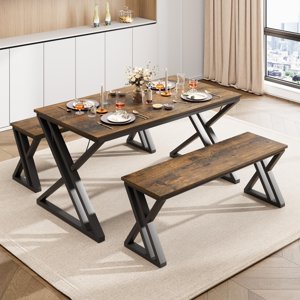 GloryStar 44.8" Kitchen Dining Table Set with Benches, Space-Saving Sturdy Metal Table with X Frame, Perfect for Apartment, Studio, Kitchen