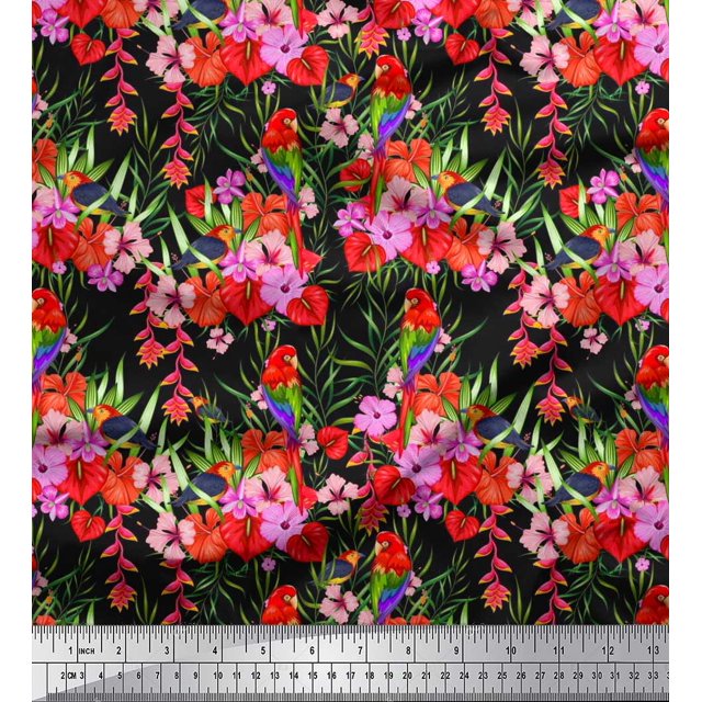 Soimoi Black Poly Georgette Fabric Laceleaf & Macaw Parrot Bird Fabric Prints by Yard 42 Inch Wide