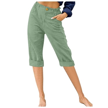 Timegard Womens Capri Pants Straight Leg Elastic Waisted Button Summer Casual Crop Pants with Pockets