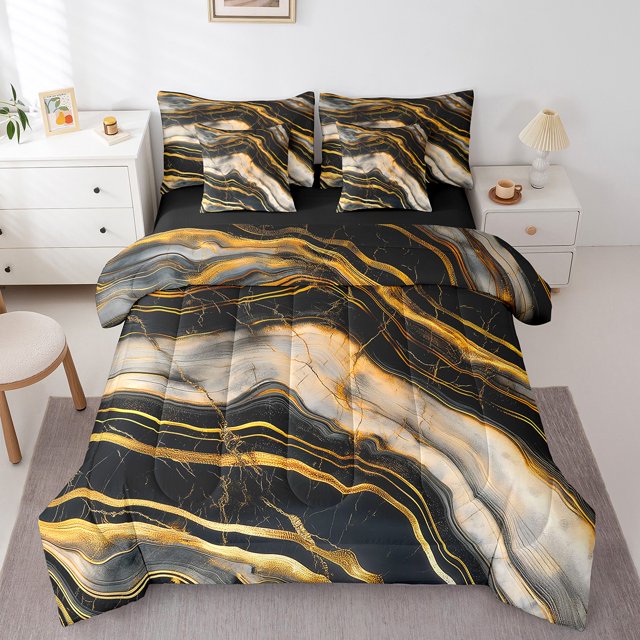 YST Abstract King Comforter Set 7-Piece Marble Bedding, Watercolor Artwork, Gold Metallic Stripe, King