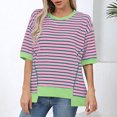 thumbnail image 1 of RXIRUCGD Hauts pour Femmes Décontractés à Col Rond, Manches Mi-Longues, Ourlet à Blocs de Couleur Rayé, Chandail Tendance, Épaules Tombantes, T-Shirts Blouse, Violet, Taille : S, 1 of 6