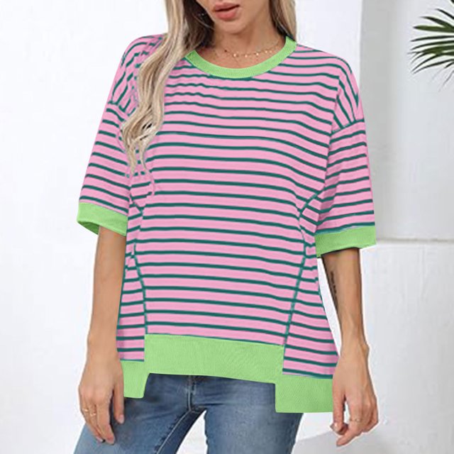 RXIRUCGD Hauts pour Femmes Décontractés à Col Rond, Manches Mi-Longues, Ourlet à Blocs de Couleur Rayé, Chandail Tendance, Épaules Tombantes, T-Shirts Blouse, Violet, Taille : S
