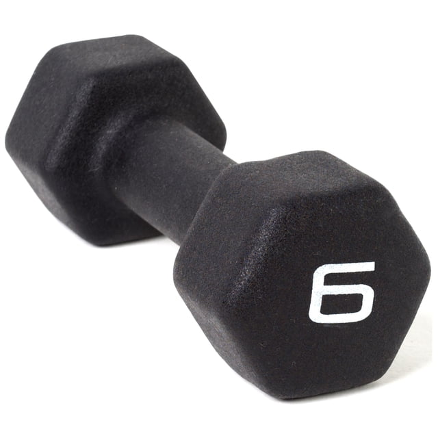 CAP Barbell black neoprene dumbbell, 6lb single, angled close-up showing hexagonal ends with white 6 marking, neoprene coating for grip and durability, ideal for strength training, cardio, and high-repetition exercises targeting major muscle groups.