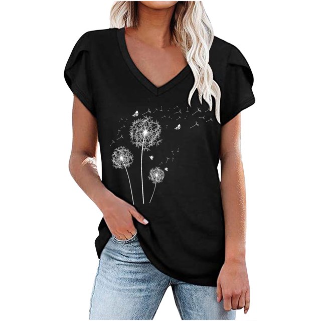 Besolor Hauts d'Été pour Femmes Manches Pétales Tendance Chemises Imprimées Manches Courtes Col Rond Décontracté Blouse Tee