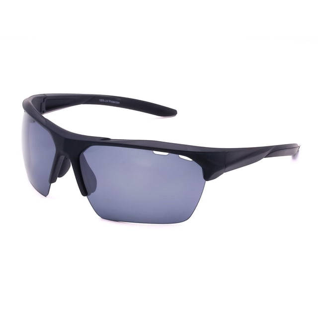 Athletic Works Black Polarized Wrap Sunglasses with a black wrap-around frame and dark polarized lenses providing 100% UVA/UVB protection, lightweight and durable for outdoor sports including running and cycling, also ideal for extended wear.