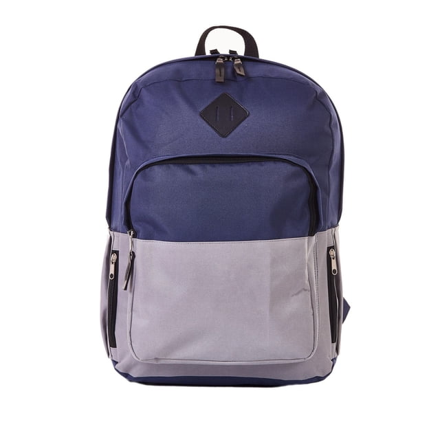 Jetstream Classic Color Block Backpack in navy blue and light grey polyester with a front-facing view. It includes multiple zippered compartments, padded shoulder straps, a padded back with stitching, a haul loop handle, and a black rubber patch on the front. Suitable for carrying laptops and daily essentials.