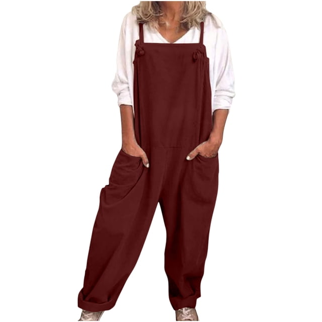 jsaierl Salopette en Lin pour Femmes Combinaison Décontractée Solide Confortable Pantalon Grand avec Poches