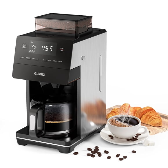 Refurbished Galanz GLDC12S110A 2-in-1 Grind and Brew Coffee Maker with Adjustable Grind Size, Digital LED Touch Screen, Removable Coffee Filter Basket, Clean Indicator Light, 1000W, 12-Cup, St