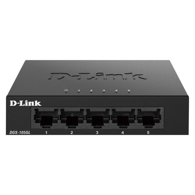 D-Link 5 Port Gigabit Metal Unmanaged Desktop Switch - DGS-105GL front-facing slim metal desktop switch with five Gigabit Ethernet RJ45 ports and LED activity lights, matte silver-gray fanless casing, IEEE 802.3az energy-saving D-Link Green support and QoS. Suitable for desktop or wall-mount and often used to add wired ports for home office or small business NAS.