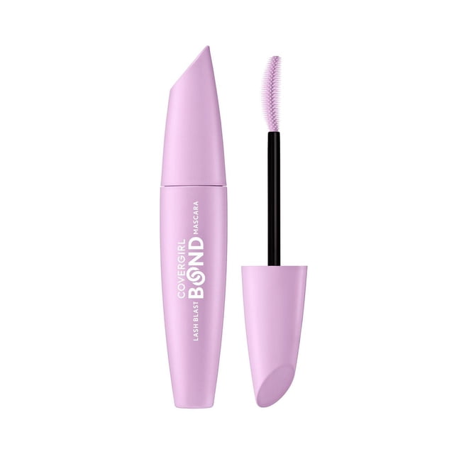 COVERGIRL Lash Blast Bond waterproof volume mascara in a matte lavender tube with white text, featuring a curved precision brush that lifts and separates lashes for smudge-proof, flake-proof, and clump-free wear, ideal for sensitive eyes and contact lens users.