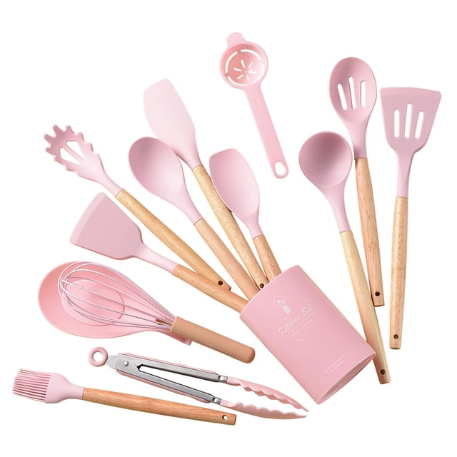 Birdeem Wooden Handle Silicone Kitchenware Set 14 Piece Round Barrel Set Non Stick Pot Cooking Spoon Kitchen Tools
