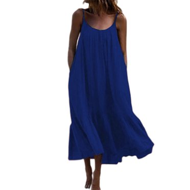 MAWCLOS Robe de Nuit pour Femme Col Rond Nuisette Couleur Unie Chemises de Nuit Ample Plage Sans Manches Tenue de Détente Bleu Foncé L