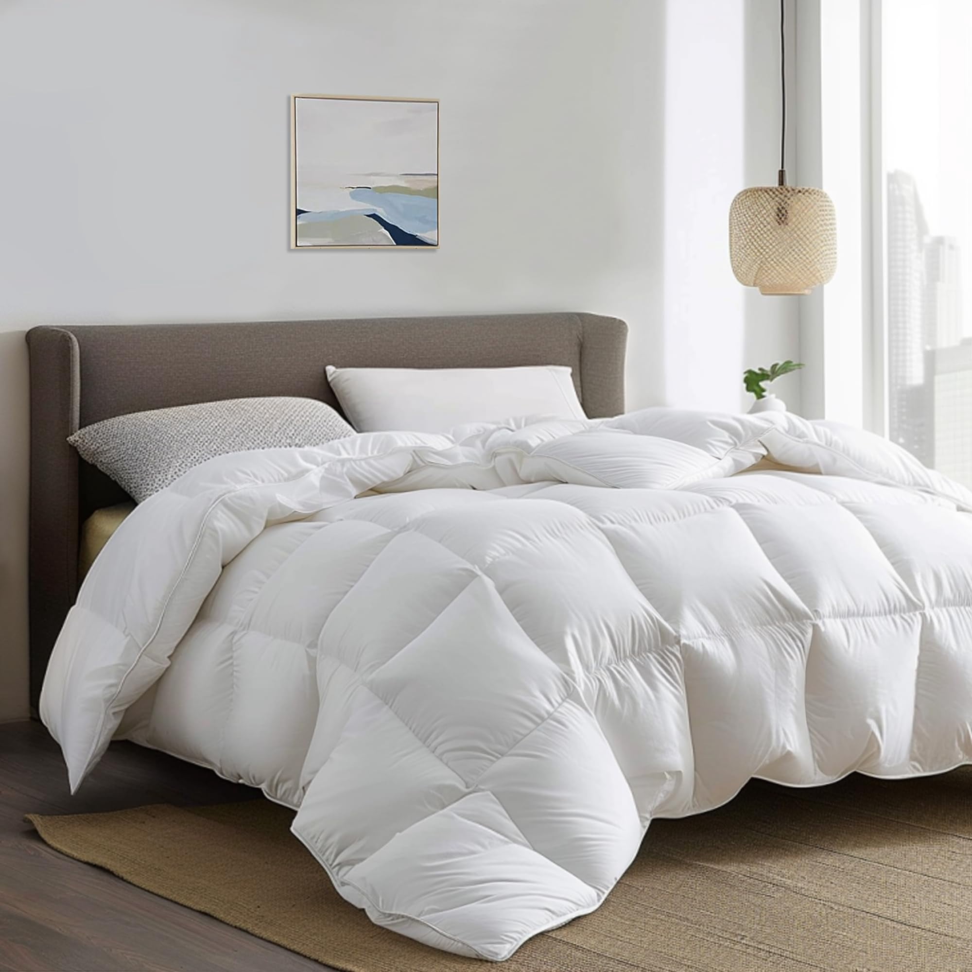 Serta Down Fiber Comforter King Size-Lightweight Duvet Insert Luxury Fluffy Bed Comforter 100% Cotton 300 Thread Count Shell Down Feather Fiber 500 Fill Power with Corner Taps White 106x90inch