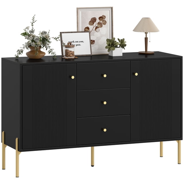 HOMCOM 47" Buffet Cabinet with 3 Drawers and 2 Doors in a modern black and gold design. Features three central drawers with smooth alloy rails and two side cabinets with adjustable shelves for flexible storage. Constructed from particleboard and MDF with five steel legs for enhanced stability, supporting up to 207 lbs. The cabinet has a 6.9-inch raised clearance for easy cleaning underneath. Suitable for living rooms, kitchens, dining rooms, or entryways.