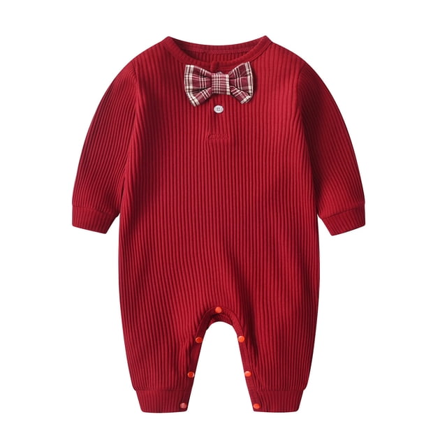 tarylea Vêtements pour Bébés Filles Garçons Barboteuses à Col Rond à Boutons avec Nœud Papillon Couleur Unie Manches Longues Tenues Côtelées Décontractées d'Automne Combinaisons Basiques pour 0-1,5 Ans