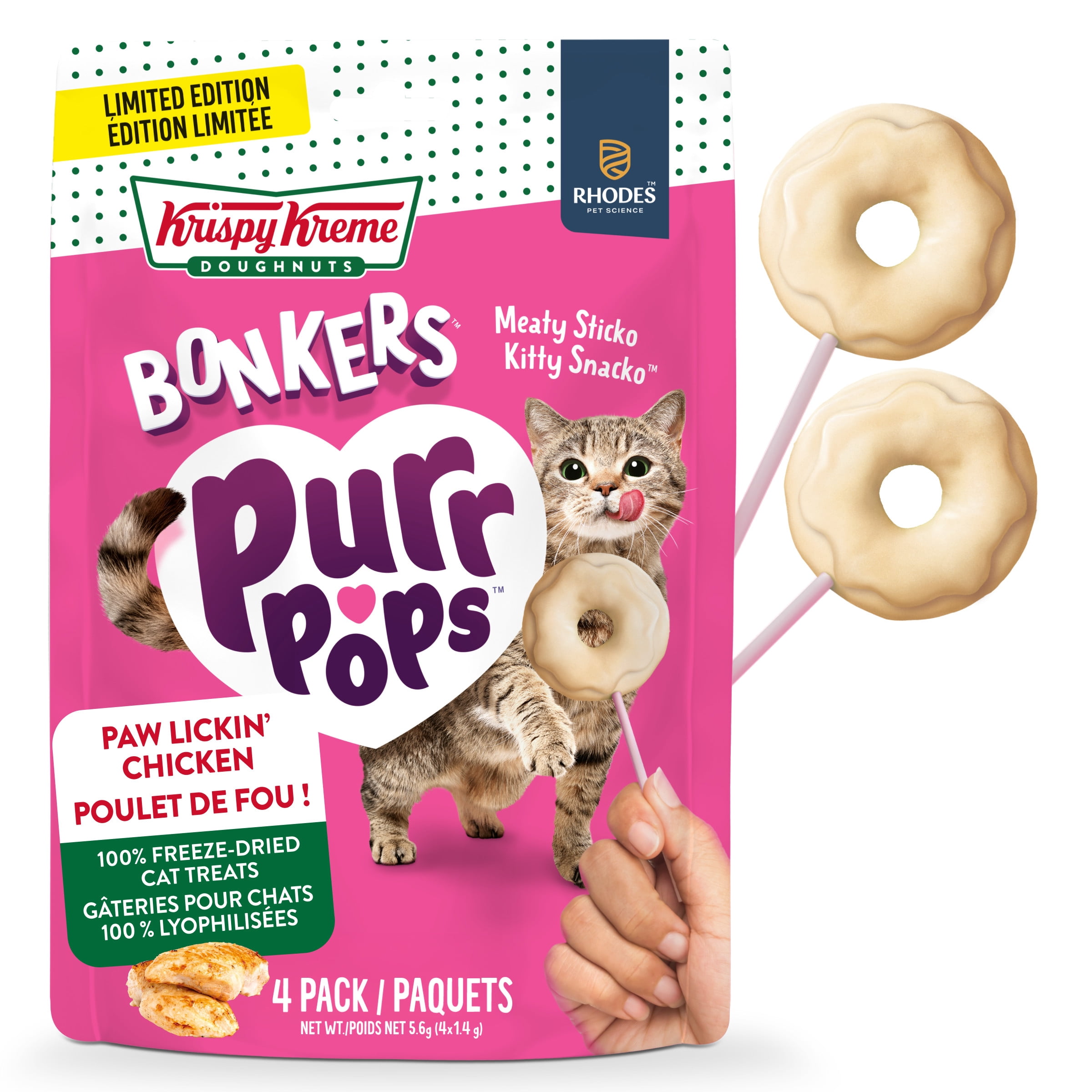BONKERS Purrpops Krispy Kreme Édition Limitée Gâteries pour Chats en Sucette Lyophilisées à Saveur de Poulet Lot de 4