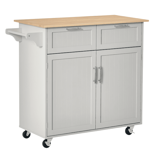 HOMCOM Rolling Kitchen Island with Storage Cabinet, Drawers, and Towel Rack in a grey finish with a natural rubberwood countertop. Features two drawers, an enclosed cabinet with adjustable shelves, and a side towel rack. Equipped with four smooth-rolling casters, including two with locking brakes, for easy mobility. Made of sturdy MDF panels and a rubberwood top for durability and easy cleaning. Dimensions: 40.9 inches long, 18.1 inches wide, and 35.8 inches high.