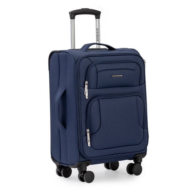 Jetstream Valise de Cabine Souple, Valise de Voyage Légère à Roulettes avec Roues Pivotantes, Vue avant Centrée d'Une Valise Cabine Souple Compacte en polyester avec Roues Pivotantes Multidirectionnelles et Poignée Télescopique à Étapes Multiples. Comprend Deux Poches Zippées Extérieures, une Poche Intérieure en Maille Pleine Longueur et des Sangles de compression Ajustables; 14 Pouces x 8 Pouces x 21 Pouces (36 x 20 x 53 cm) avec Roues, 5,7 Lb (2,6 kg). Utilisée Souvent comme Rangement compact pour l'Équipement