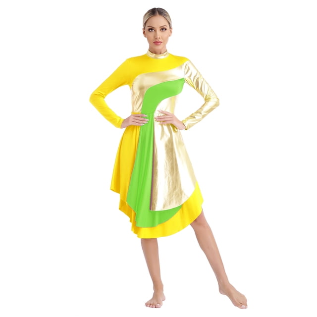 Nyeemya Tunique de Danse pour Femmes Superposition Manches Longues Patchwork Contrasté Costume de Culte Danse Lituricale Jaune TG
