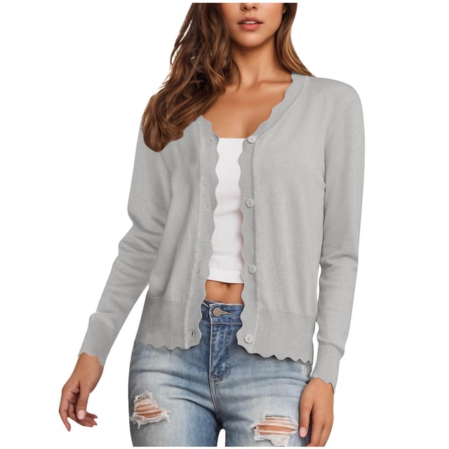 Womens Long Sleeve Knit Cardigans Lightweight Button Up Cardigan Sweater Fall Casual V-Neck Thin Jacket Gray, M