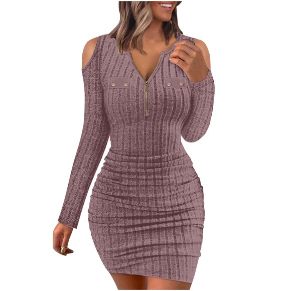 cfhntfmh Bodycon Dresses for Women Trendy V Neck Zipped Cold Shoulder Ribbed Party Dress Slim Long Sleeve Cocktail Mini Dress
