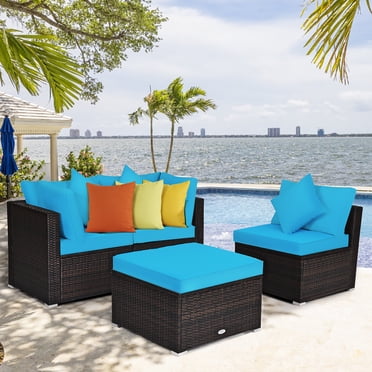 Costway 4PCS Patio Rattan Wicker Furniture Set Cushioned Sofa Ottoman Garden Turquoise