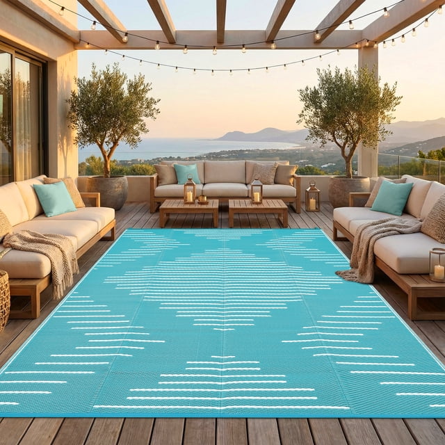 Nanan 6x9 Modern Geometric Outdoor Rug, All-Weather Waterproof Patio Mat, UV Resistant, Stain Resistant, Easy Clean Plastic Rug for Yard, Deck, Balcony, Camping,Light Blue/White