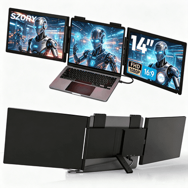 Dual Laptop Screen Extender, 14" 1080P IPS Portable Triple Monitor for 13-16.5" Laptops with USB-C Port, Plug and Play, Attachment Screen for Windows/Mac/Android/Switch/PS5/Xbox