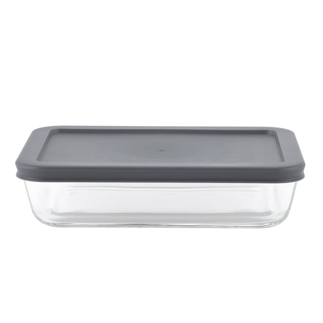 Mainstays Square Glass Food Storage Container with PE Lid 1.1L, clear borosilicate glass with a dark gray PE lid, oven, microwave, freezer, and dishwasher safe, BPA-free and FDA approved, suitable for fresh food storage and kitchen organization in Canadian homes.