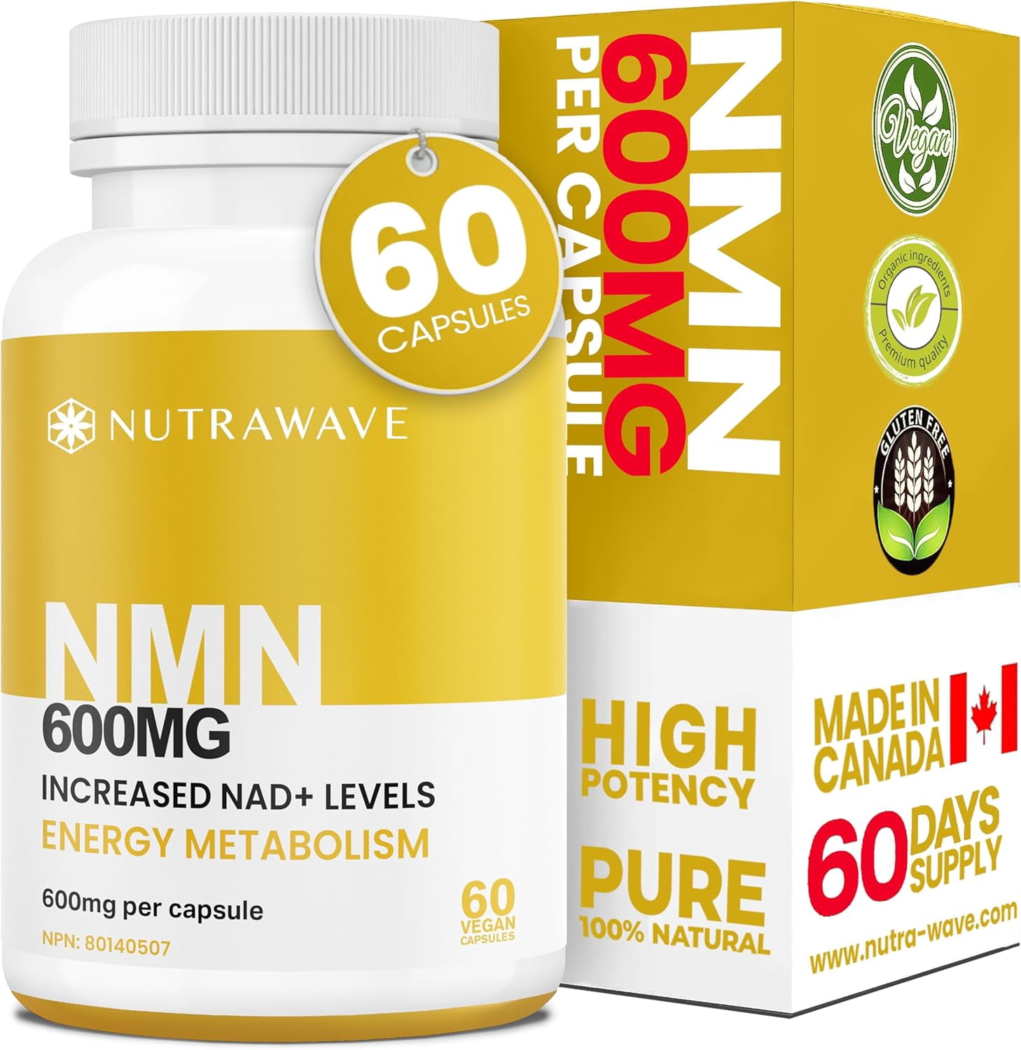 Nutrawave NMN 600 mg – Nicotinamide Mononucleotide for Cellular Energy & Metabolism Support, 60 Vegan Capsules, Non-GMO, Gluten-Free, Made in Canada