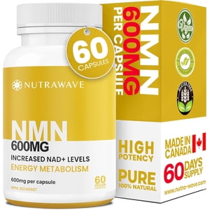 Nutrawave NMN 600 mg – Mononucléotide de nicotinamide pour énergie cellulaire & Soutien au métabolisme, 60 Capsules de végétaliens, sans OGM, sans gluten, fabriquées au Canada