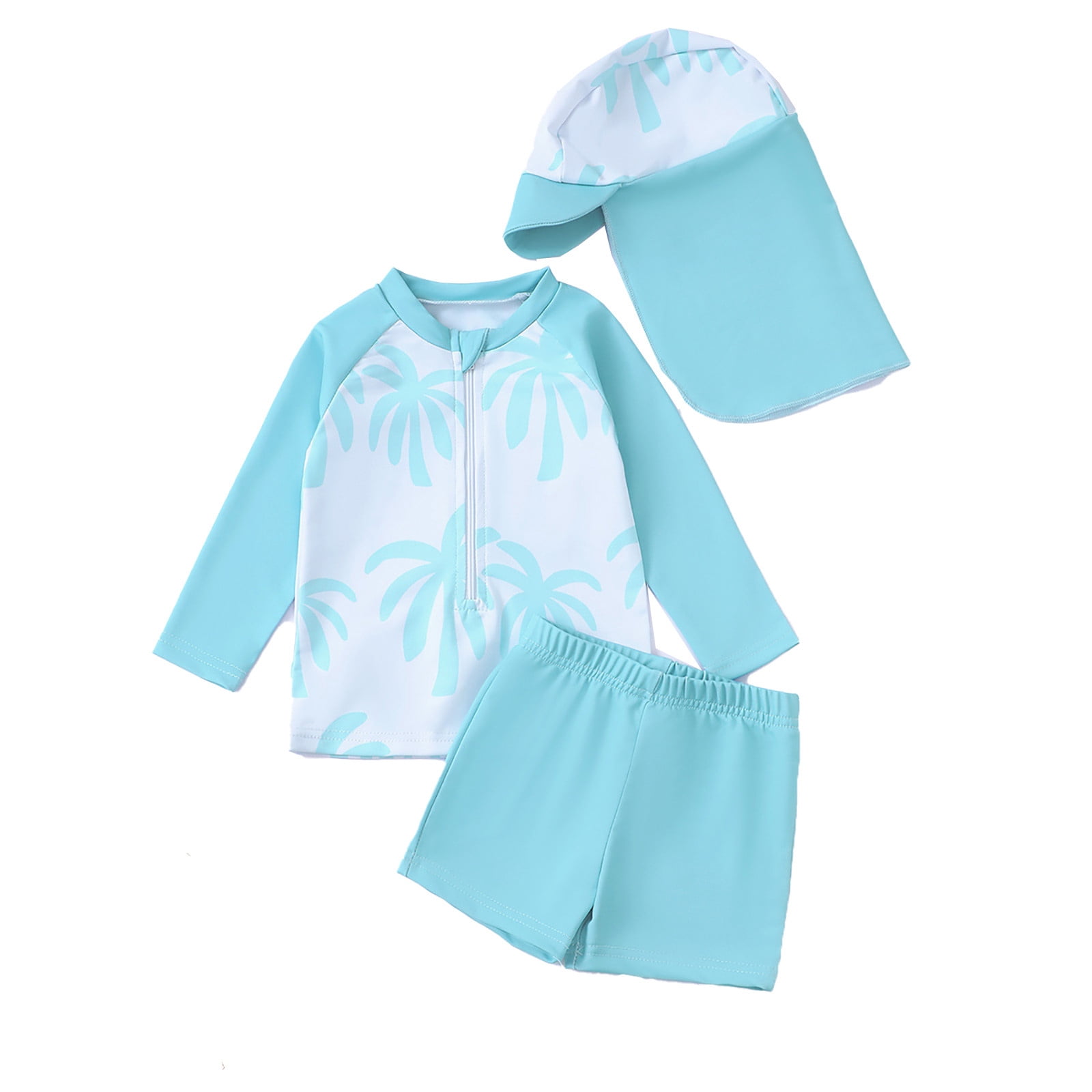 TOOYOU Baby Boys Swimsuit Swimwear Set Tropical Print Swim Trunks Rash Guard Hat 3 Piece Outfit For Beach Pool Child Bathing Suit For Swimming Lessons And Beach Size 6-12 Months,Light Blue