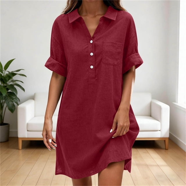 pstuiky Robes d'Été Décontractées pour Femmes, Robe Chemise Décontractée à Manches Courtes pour Femmes avec Boutons, Col et Poches, Robe Unie à Col Rabattu pour Usage Quotidien, Bureau, Travail, Robe Midi pour Femmes