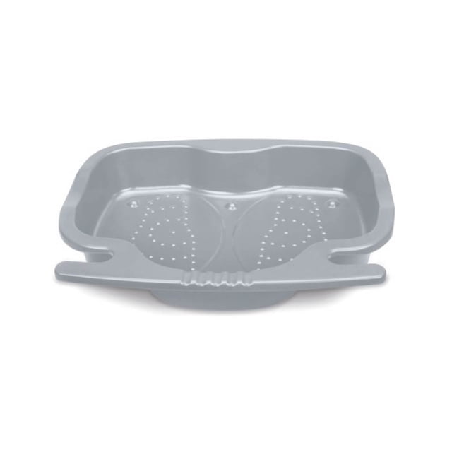 Intex Pool Foot Bath in grey plastic with a rectangular shape, two foot-shaped indents with drainage holes, an anti-slip bottom, and a front hook for attaching to any Intex ladder to rinse feet before pool entry, helping keep pools clean.