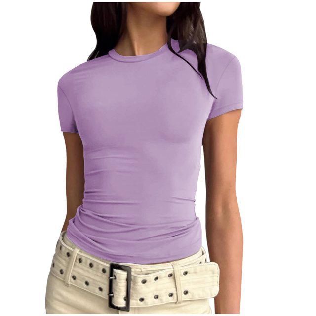 RKSTN Hauts pour Femmes Tendance 2024 Coupe Ajustée Manches Courtes Col Rond Hauts de Couleur Unie Basiques Chandail Décontracté T-shirt de Mode Polyvalent