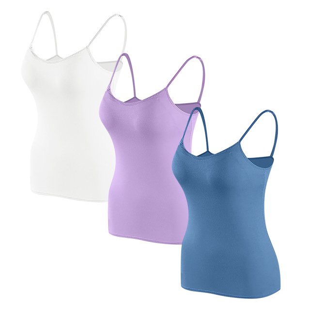 Timegard Camisoles pour Femmes 3 Pcs avec Soutien-Gorge Intégré Col Rond Bretelles Spaghetti Ajustées Douces Maillots de Corps Décontractés Hauts de Pyjama