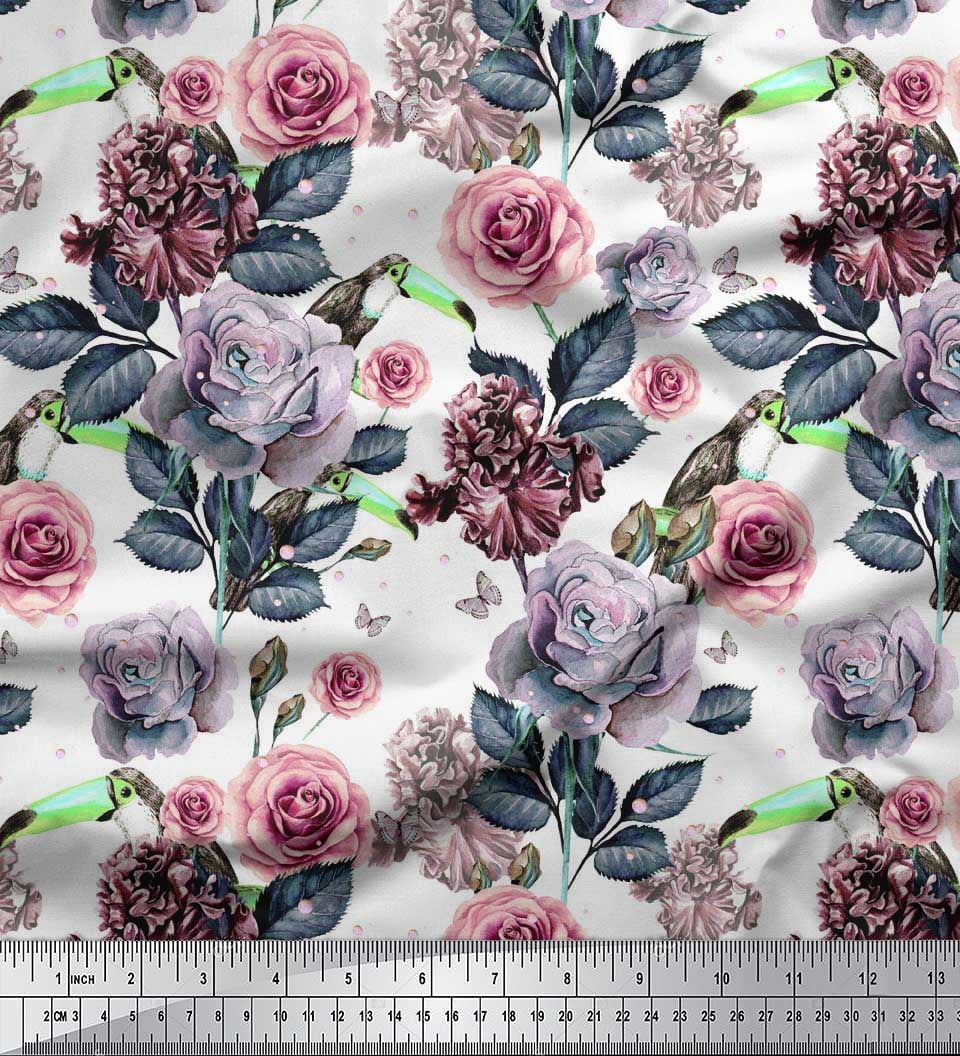 Soimoi Rayon Fabric Leaves & Rose Flower Decor Fabric Printed Yard 42 Inch Wide