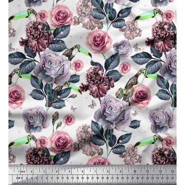 Soimoi Satin Silk Fabric Leaves & Rose Flower Print Fabric by The Yard 42 Inch Wide