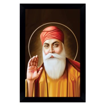 IBA Indianbeautifulart Guru Nanak Dev Ji Giving Blessings Sikh Religious Poster With Frame Wooden Photo Frame Ready To Hang Must For Home / Office / Gift Purpose